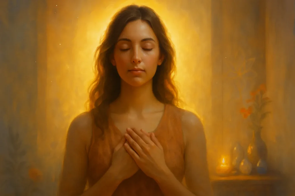 Mulher com olhos fechados e mãos no peito, envolta por luz dourada suave ao nascer do sol, transmitindo paz e espiritualidade.