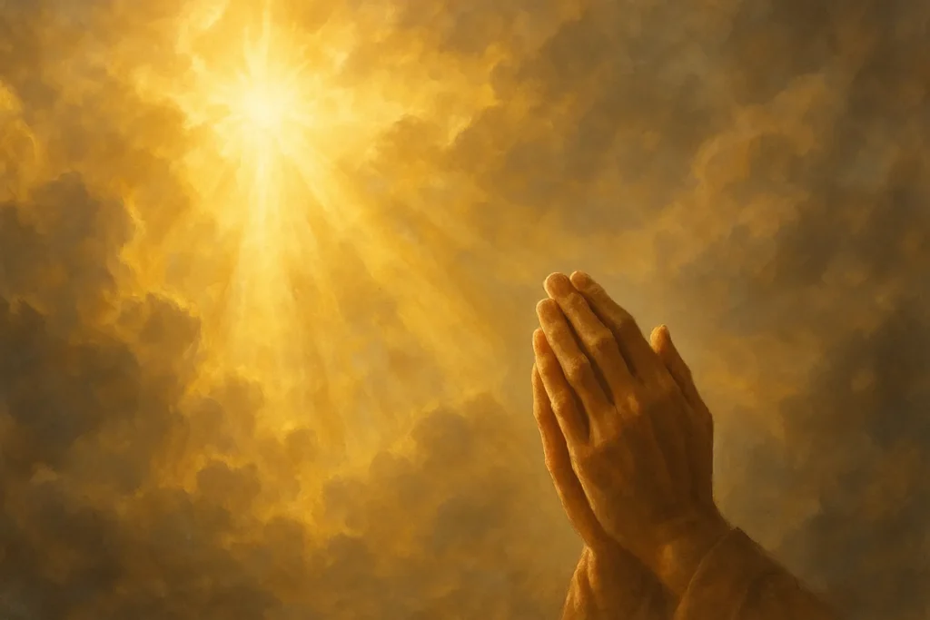 Luz dourada atravessando as nuvens com duas mãos unidas em oração no canto inferior, simbolizando paz e devoção.
