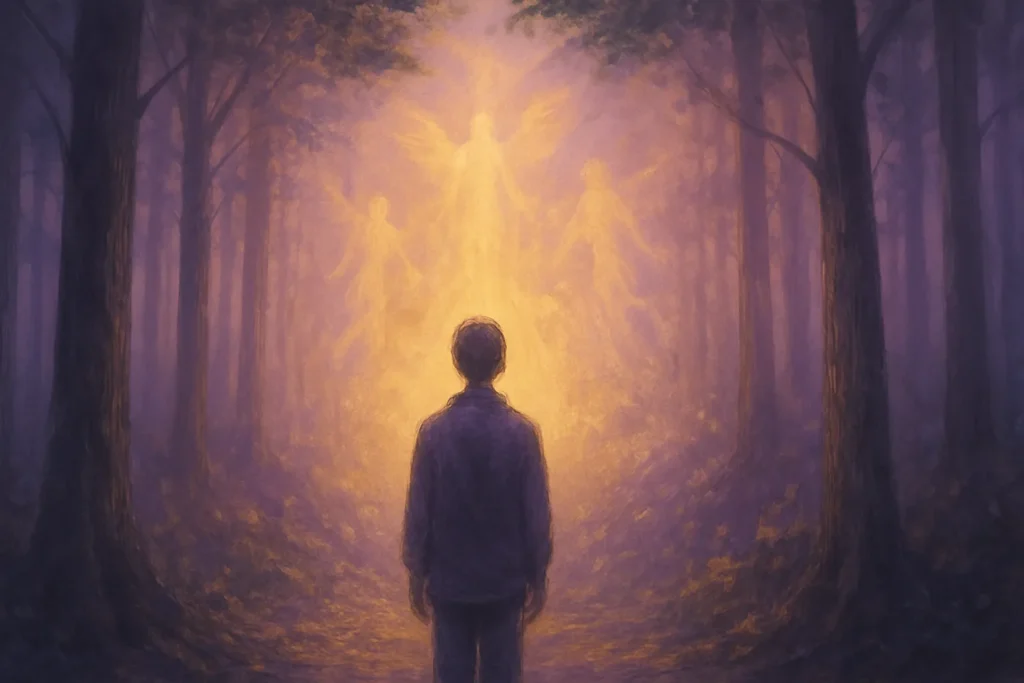 Pessoa solitária diante de luz dourada com figuras angelicais em floresta, simbolizando o início do despertar espiritual