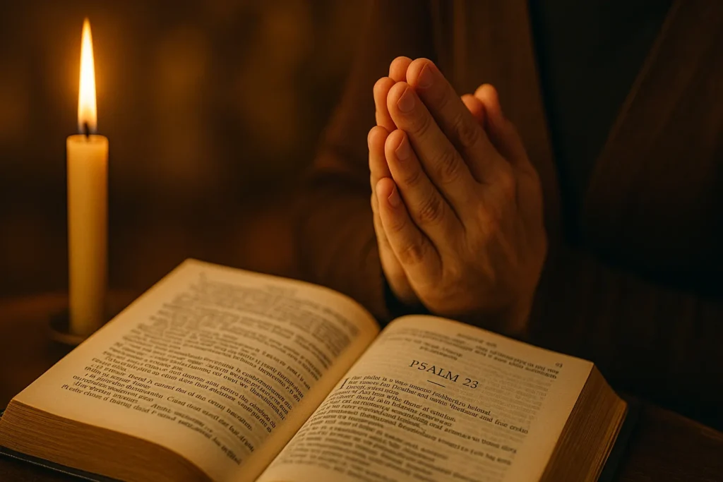Pessoa com mãos em oração diante de uma Bíblia aberta no Salmo 23, com uma vela acesa ao fundo iluminando suavemente o ambiente.