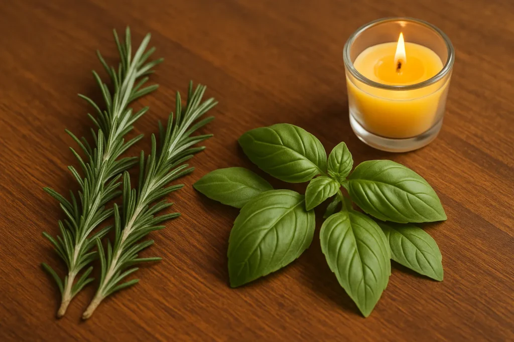 Ramos de alecrim e folhas de manjericão ao lado de uma vela acesa sobre superfície de madeira, simbolizando ritual de limpeza energética e prosperidade.