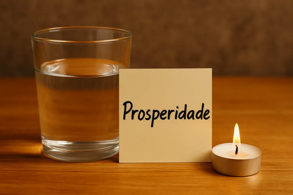 Copo com água ao lado de um papel com a palavra “Prosperidade” escrita e uma vela acesa, representando um ritual espiritual de manifestação financeira.