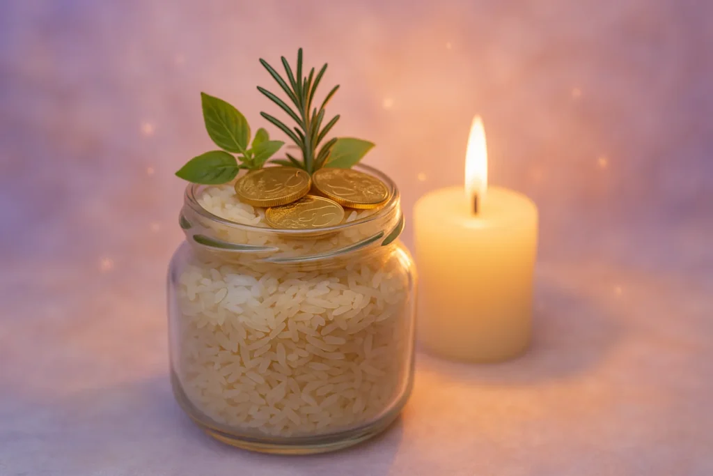 Pote de vidro cheio de arroz cru com moedas douradas, ramos de ervas e uma vela acesa ao lado, simbolizando ritual de prosperidade no lar.