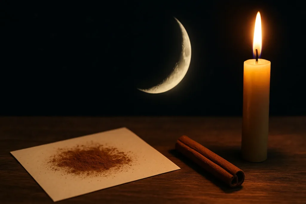 Papel com canela em pó e pau de canela ao lado de uma vela acesa, com a lua crescente brilhando ao fundo, representando ritual espiritual de prosperidade.