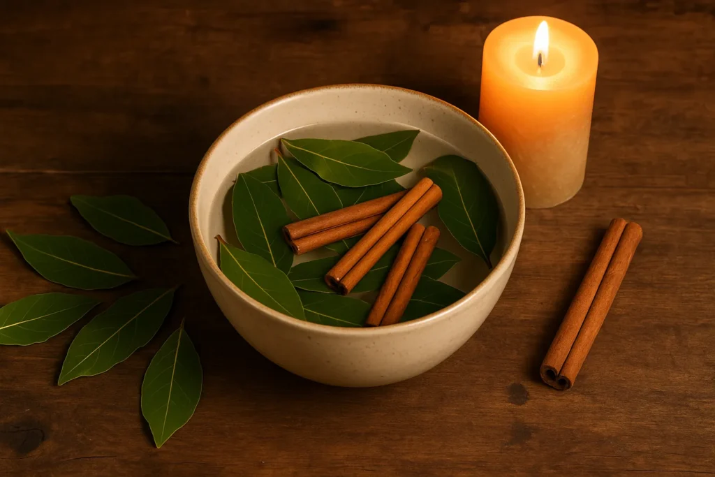 Tigela com água contendo folhas de louro e paus de canela, ao lado de vela acesa sobre mesa de madeira, simbolizando um banho espiritual para atrair prosperidade.