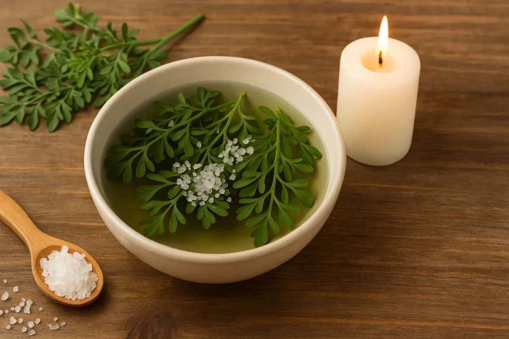 Tigela com infusão de arruda e sal grosso ao lado de uma vela branca acesa, sobre superfície de madeira, representando um banho espiritual de limpeza para cortar o vício da bebida.