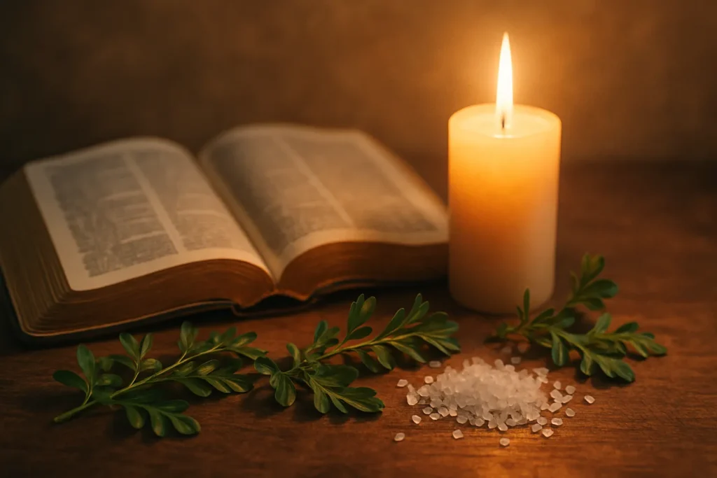 Bíblia aberta ao lado de uma vela branca acesa, com ramos de arruda e sal grosso sobre uma mesa de madeira, simbolizando oração espiritual de libertação contra o vício do álcool.
