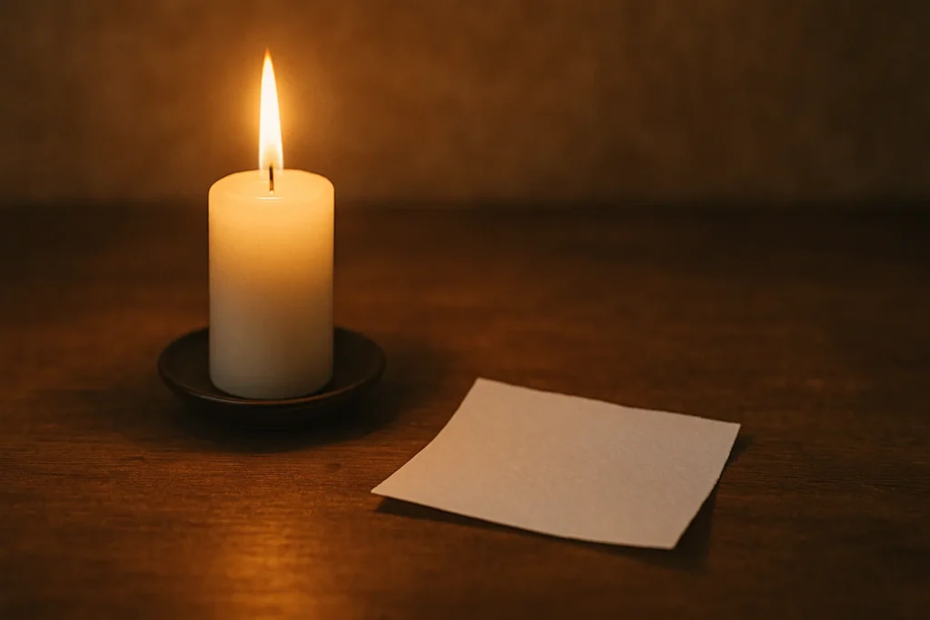 Vela branca acesa sobre pires ao lado de um papel dobrado sobre mesa de madeira, simbolizando ritual espiritual para romper laços com o vício da bebida.