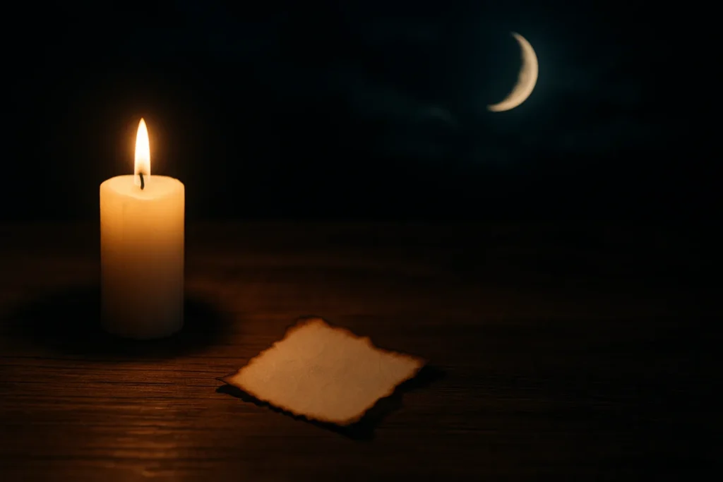 Vela branca acesa sobre mesa de madeira ao lado de um papel queimado, com a lua minguante visível ao fundo no céu escuro, representando ritual espiritual de libertação do vício da bebida.