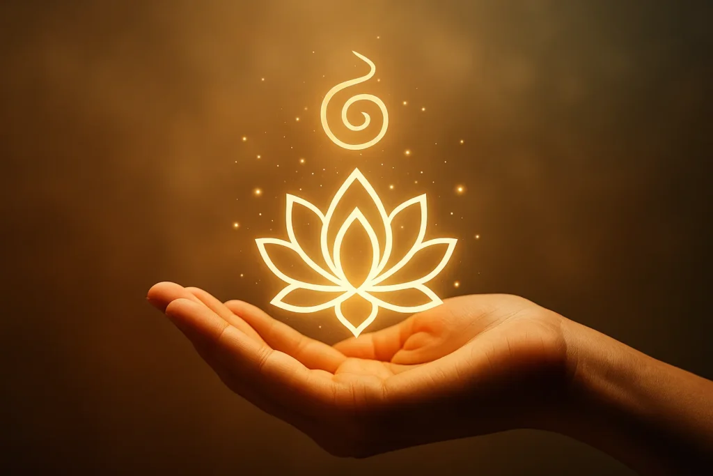 Mão humana aberta com símbolo de flor de lótus brilhante flutuando acima dela, iluminada por luz dourada em fundo suave, representando manifestação espiritual e energia da Lei da Atração.