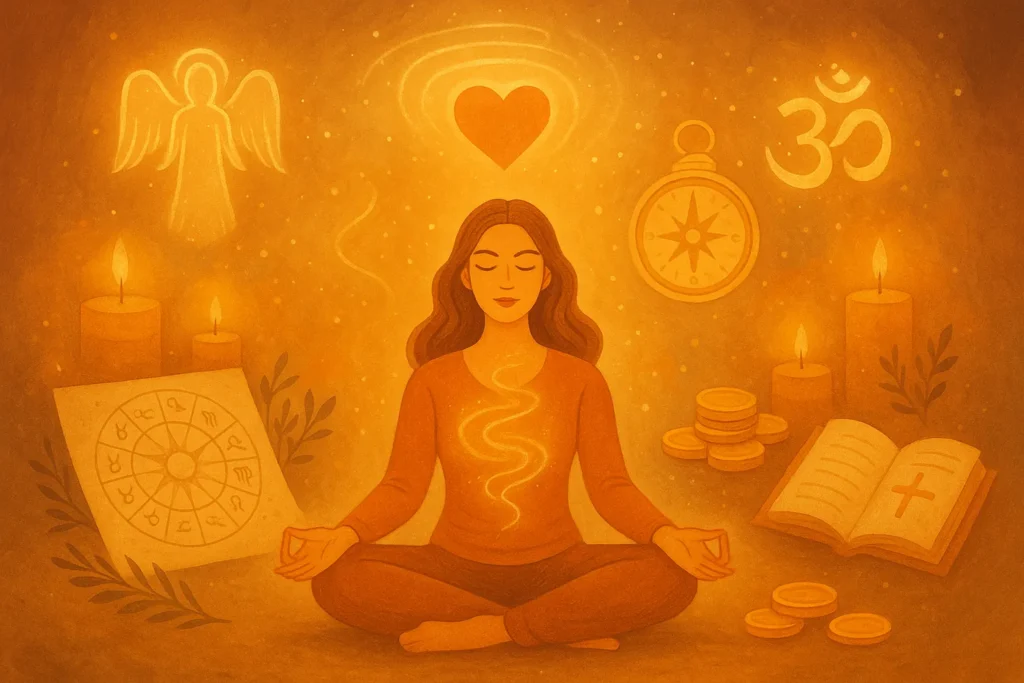 Mulher em posição de meditação rodeada por símbolos espirituais como coração, anjo, moedas, mapa astral e velas, representando práticas diárias da Lei da Atração com fé e propósito.