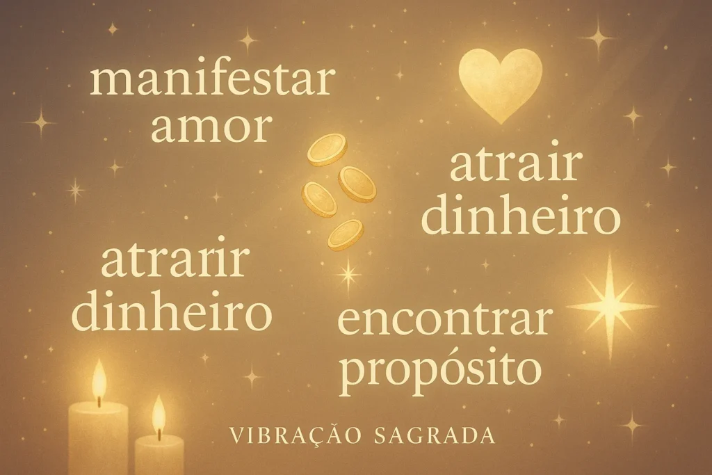 Ilustração com símbolos espirituais de coração, moedas e estrela sobre fundo dourado, acompanhada de afirmações como “manifestar amor”, “atrair dinheiro” e “encontrar propósito”, representando o poder das palavras na manifestação espiritual.