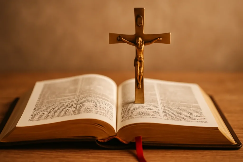 Bíblia aberta sobre uma mesa de madeira, com crucifixo dourado apoiado sobre as páginas e uma fita vermelha marcando o texto, sob iluminação suave e ambiente acolhedor, simbolizando fé cristã e espiritualidade.