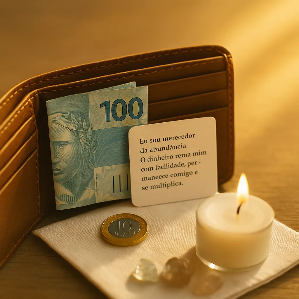Carteira aberta com uma nota de 100 reais dobrada e um papel com afirmação positiva ao lado, sobre um pano branco com vela acesa e cristais, iluminados por luz dourada suave, representando um ritual de prosperidade e atração financeira.
