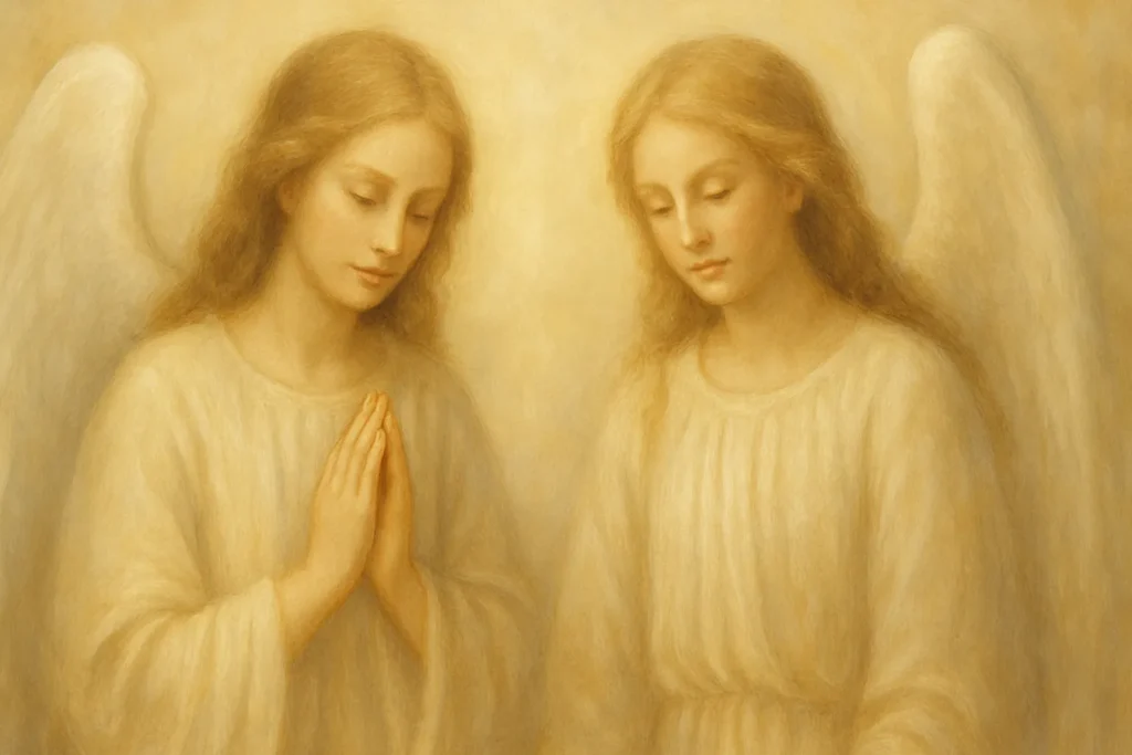 Dois anjos com expressões serenas, envoltos em luz dourada suave, simbolizando proteção divina, paz espiritual e acolhimento em um cenário celestial tranquilo.