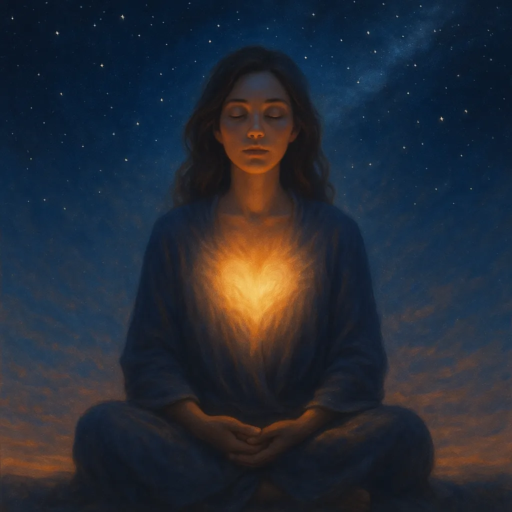 Mulher meditando sob um céu estrelado, com luz dourada irradiando do coração, representando o chamado da alma e a conexão espiritual profunda.