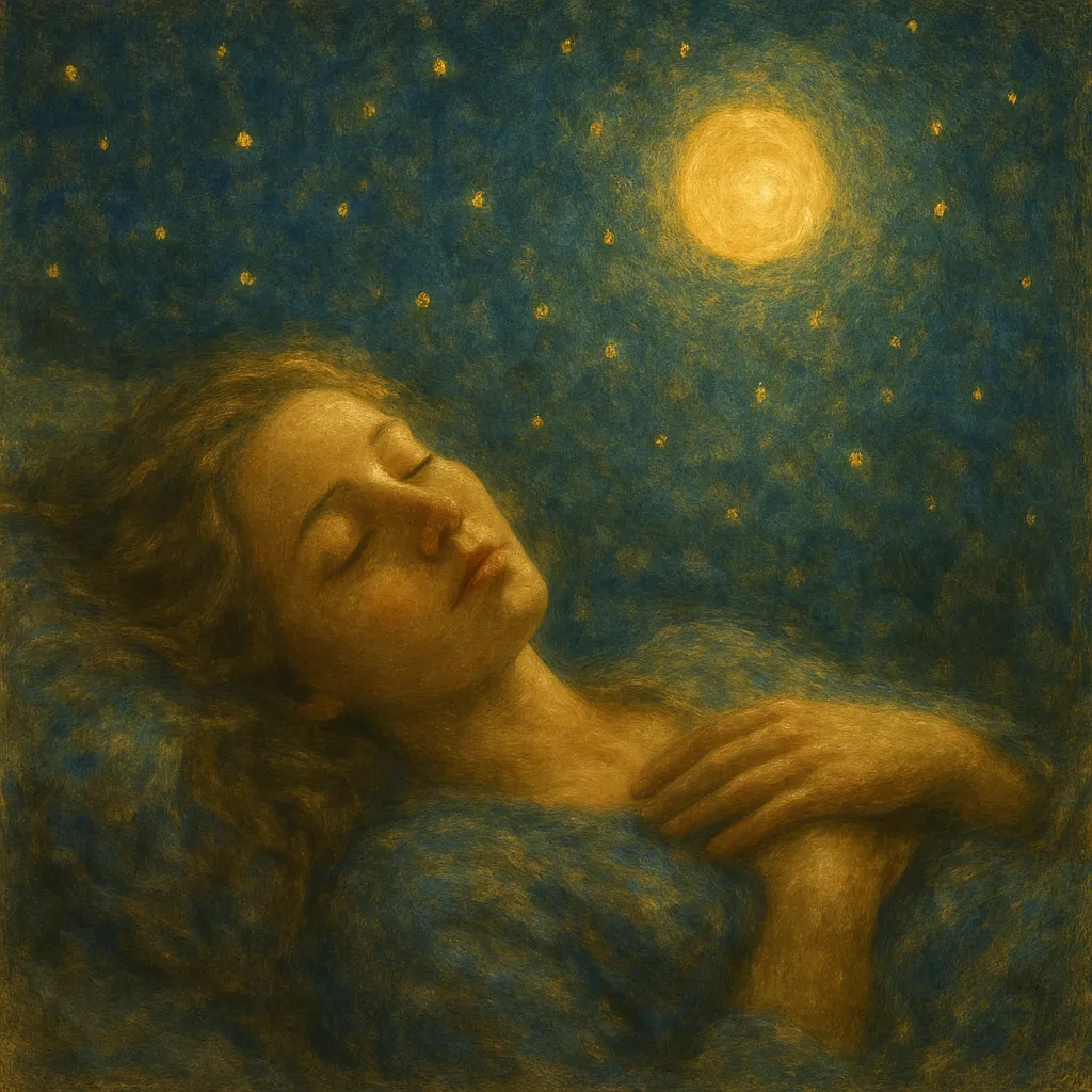 Mulher deitada sob um céu estrelado com a lua cheia brilhando, representando paz, descanso e conexão espiritual
