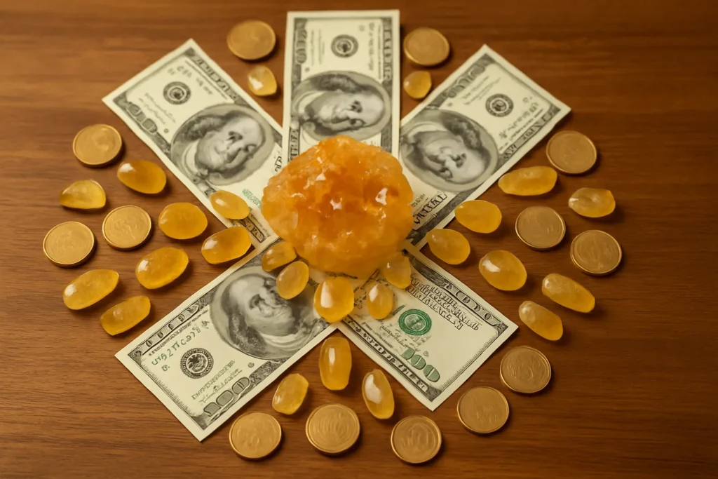 Imagem de uma mandala formada por notas de cem dólares, moedas douradas e cristais de citrino sobre uma superfície de madeira, simbolizando energia de prosperidade e abundância.