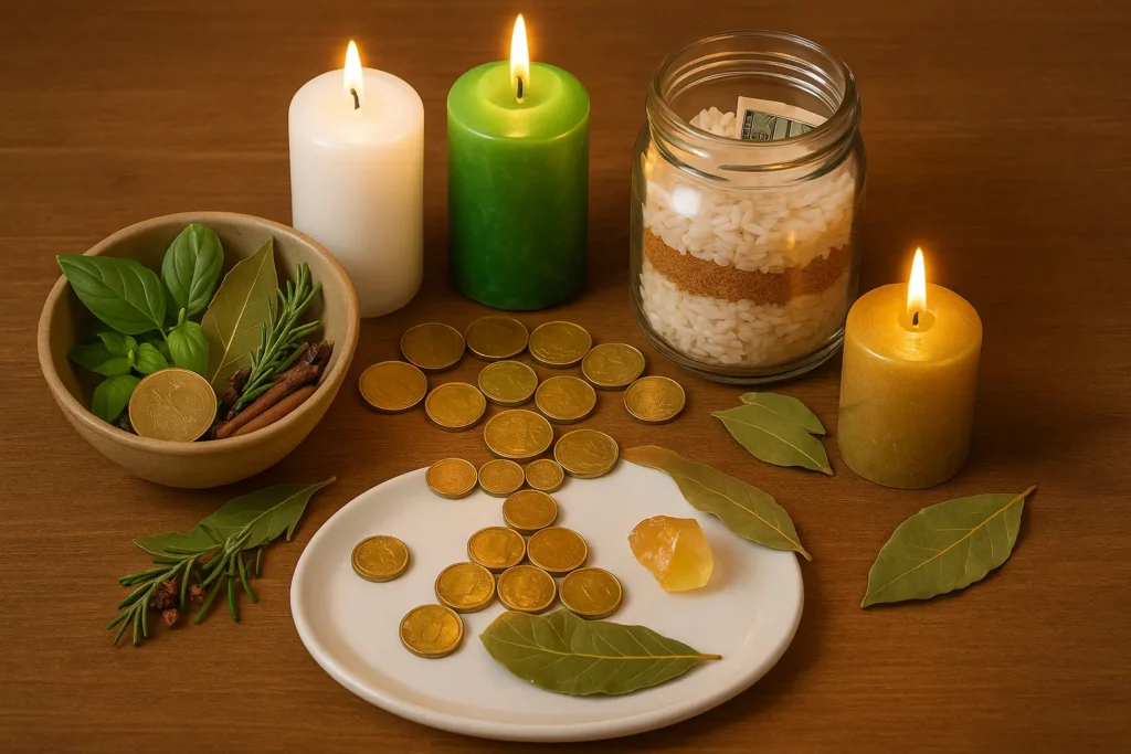 Imagem com composição circular de elementos simbólicos de simpatias: moedas douradas, ervas, velas acesas coloridas, cristais de citrino e um pote com camadas de arroz e canela, representando o ciclo da abundância.