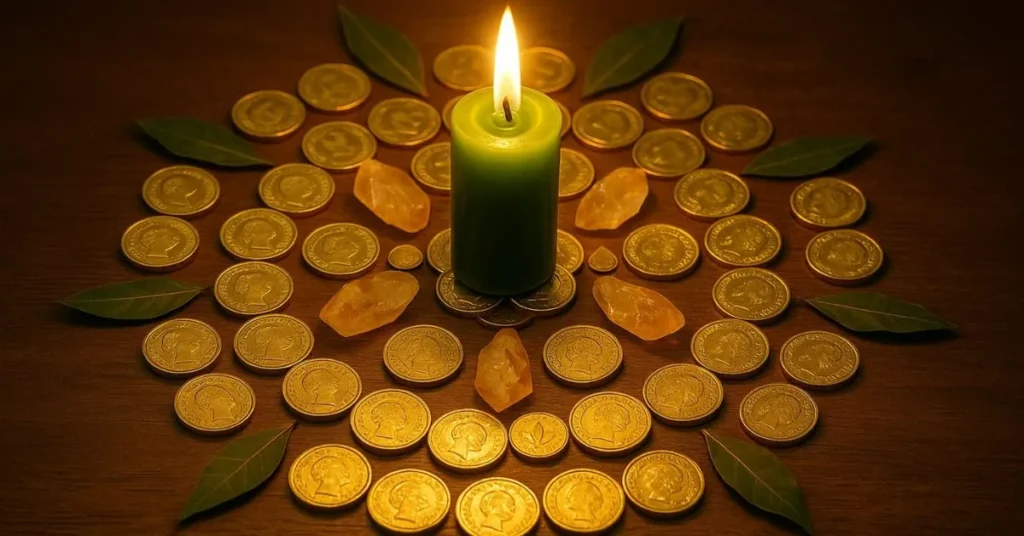 Imagem de uma mandala composta por moedas douradas, cristais de citrino, folhas de louro e uma vela verde acesa no centro, sobre uma superfície de madeira, representando o fluxo da energia da prosperidade.