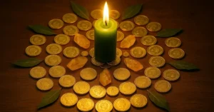 Imagem de uma mandala composta por moedas douradas, cristais de citrino, folhas de louro e uma vela verde acesa no centro, sobre uma superfície de madeira, representando o fluxo da energia da prosperidade.
