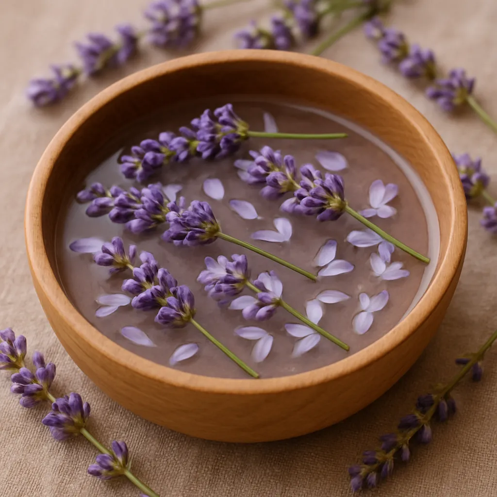 Ramos de lavanda fresca em uma tigela de madeira com água, transmitindo calma e equilíbrio.