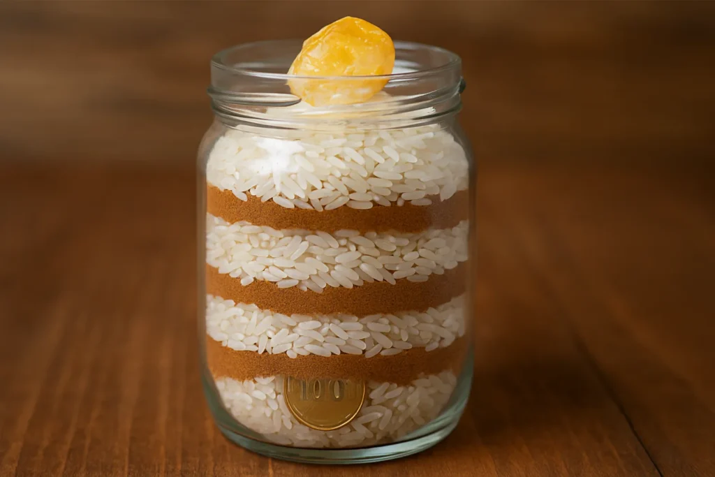 Imagem de um pote de vidro com camadas alternadas de arroz branco e canela em pó, uma moeda dourada no fundo e um cristal de citrino no topo, simbolizando prosperidade e abundância financeira.