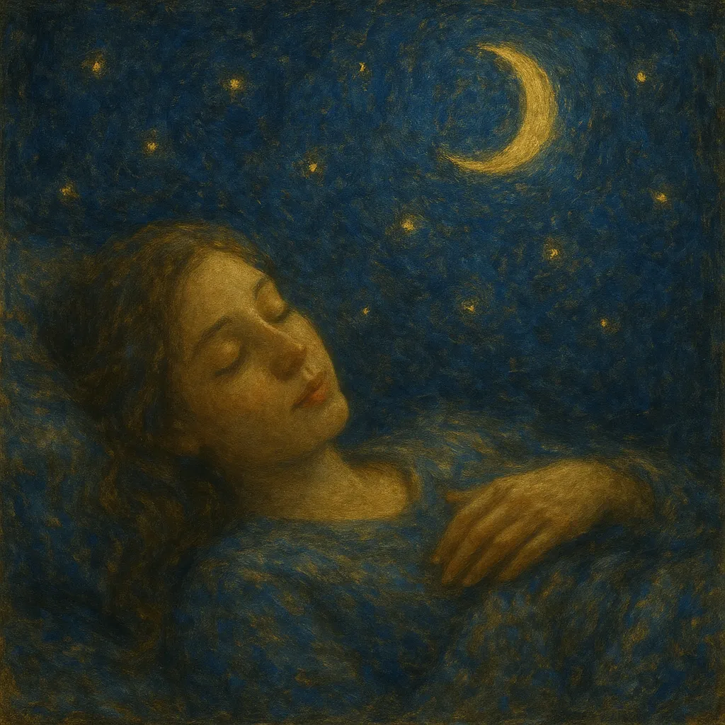 Mulher dormindo tranquilamente sob um céu noturno com uma lua crescente, simbolizando descanso e bênção noturna