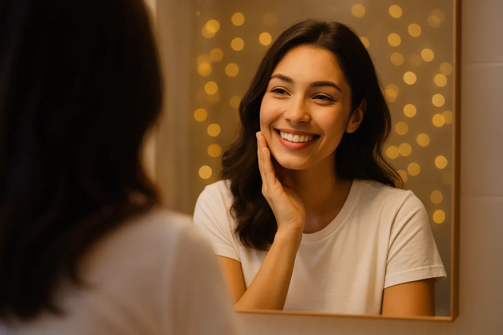 Mulher jovem de cabelos castanhos sorrindo alegremente para si mesma no espelho, com fundo iluminado por brilhos dourados, representando autoconfiança, magnetismo pessoal e energia positiva.