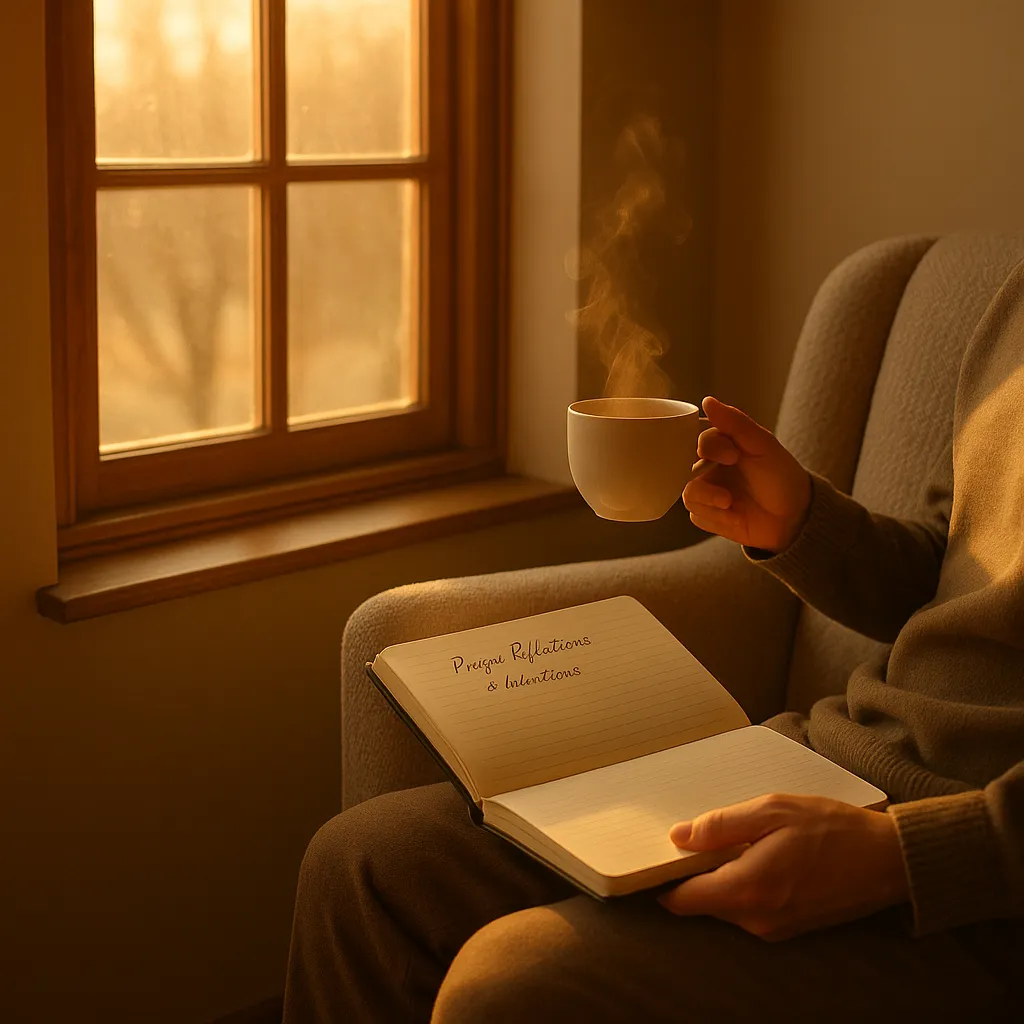 Imagem de um caderno aberto com anotações de orações e reflexões, ao lado de uma caneca de café fumegante, iluminados pela luz suave do amanhecer, simbolizando um guia prático de oração da manhã para todos os dias, com intenções e bênçãos.