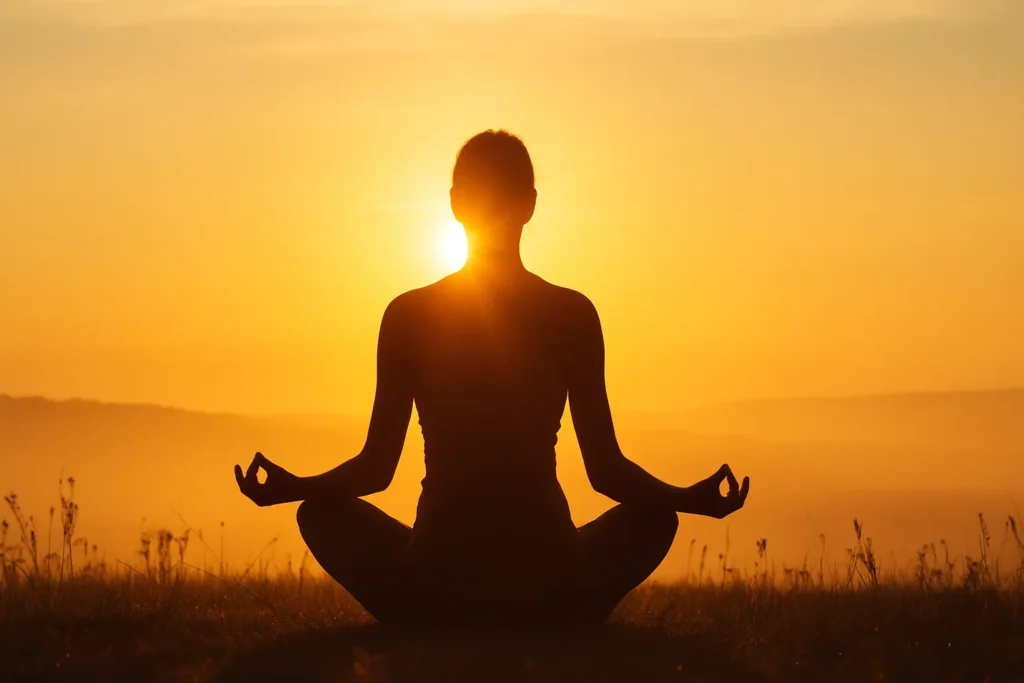 Silhueta de uma pessoa meditando em posição de lótus em um campo aberto ao nascer do sol, com luz dourada suave envolvendo o corpo — representando equilíbrio entre corpo, mente e espírito.