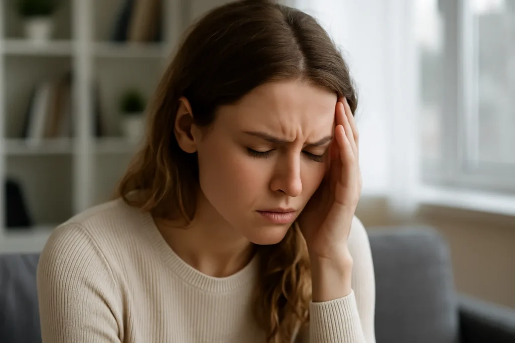 Mulher jovem com expressão de angústia e a mão na cabeça, sentada em ambiente doméstico calmo, representando sobrecarga emocional e instabilidade espiritual.