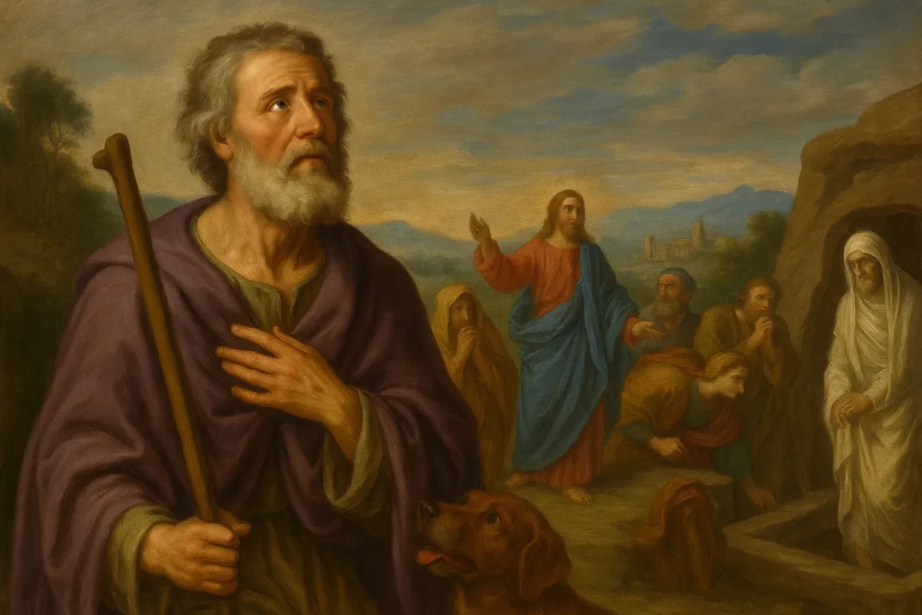 Imagem de São Lázaro segurando um cajado ao lado de um cão, com Jesus ao fundo ressuscitando Lázaro diante de testemunhas em uma cena bíblica.