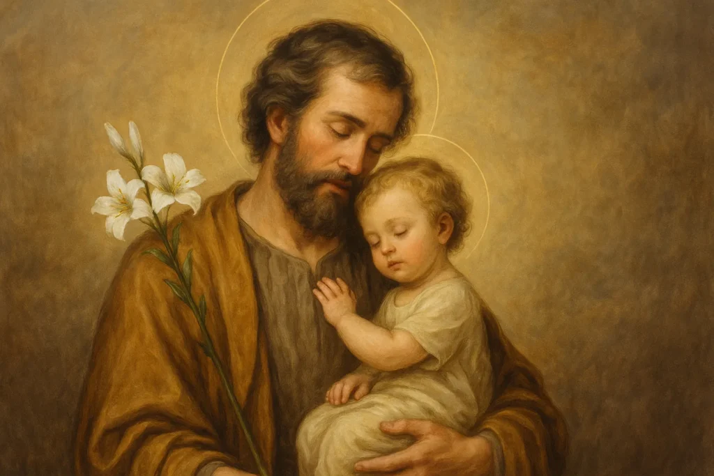 Pintura espiritual retratando São José segurando o Menino Jesus com ternura, simbolizando proteção e amor familiar.