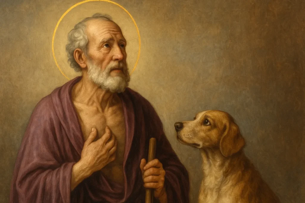 Imagem de São Lázaro com manto roxo, segurando um cajado, acompanhado por um cão, olhando para o alto com expressão de fé e entrega espiritual.