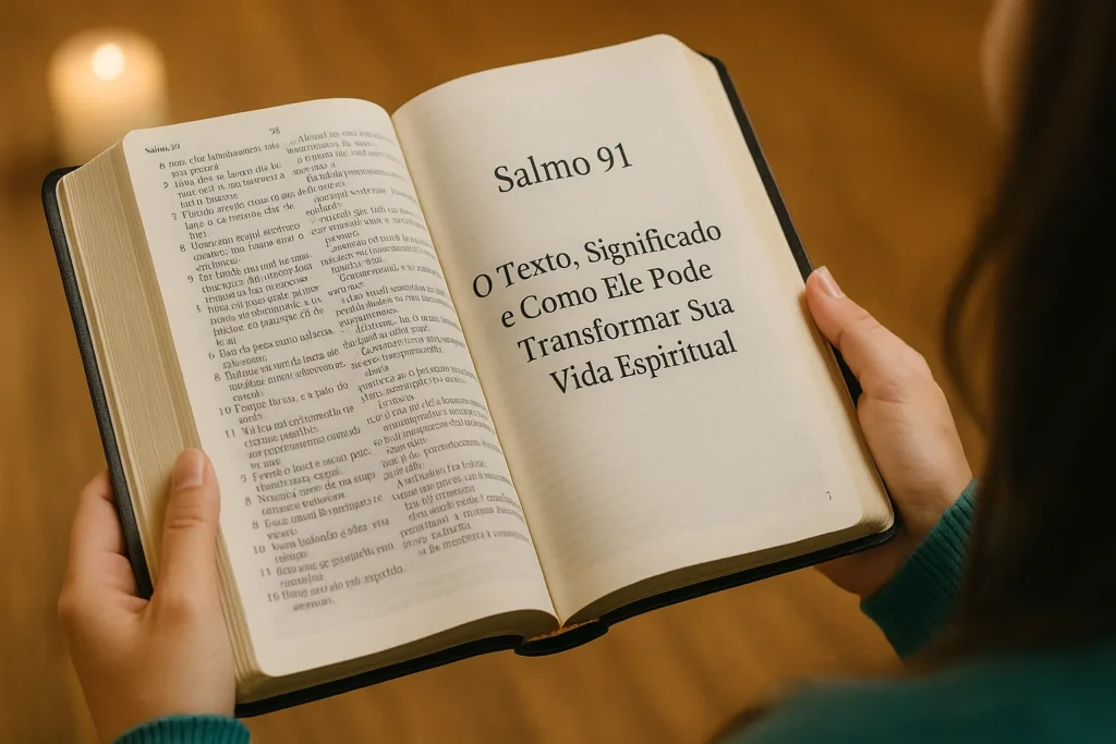 Imagem de uma mulher segurando uma Bíblia aberta no Salmo 91, com foco nos textos em português, transmitindo um momento de reflexão sobre testemunhos e histórias de transformação espiritual.