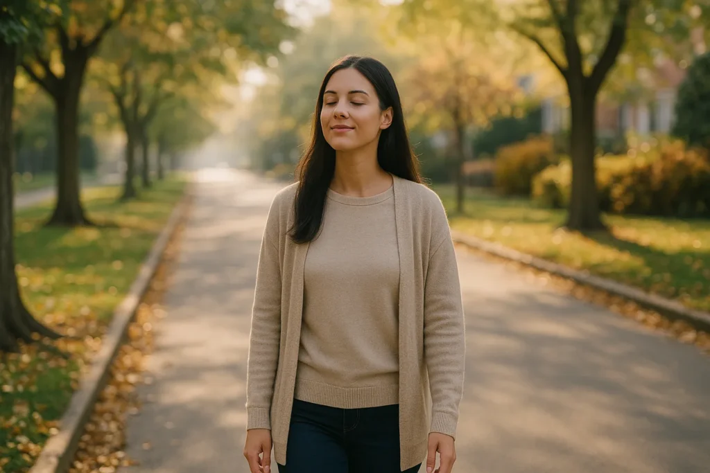 Mulher caminhando serenamente por uma rua arborizada ao amanhecer, com olhos fechados e expressão tranquila, cercada por luz suave e folhas no chão — simbolizando atenção plena e conexão com o momento presente.