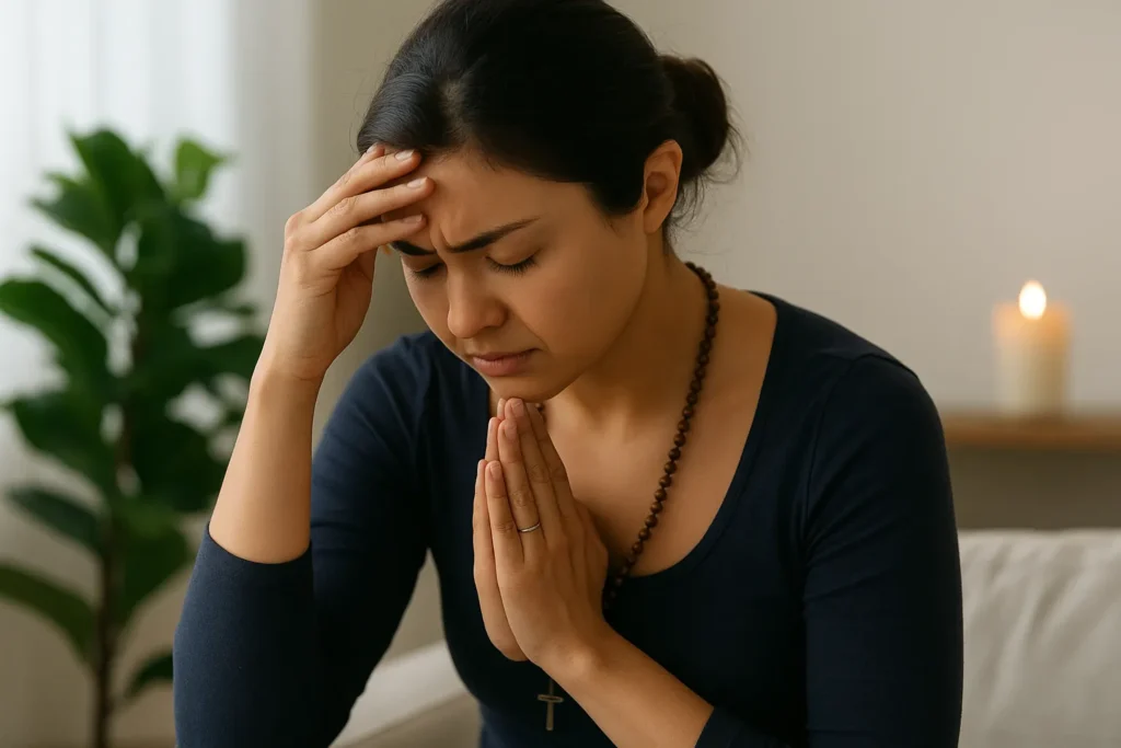 Mulher sentada em posição de introspecção com olhos fechados, envolta por luz suave e símbolos espirituais ao fundo, representando instabilidade emocional e necessidade de equilíbrio espiritual.