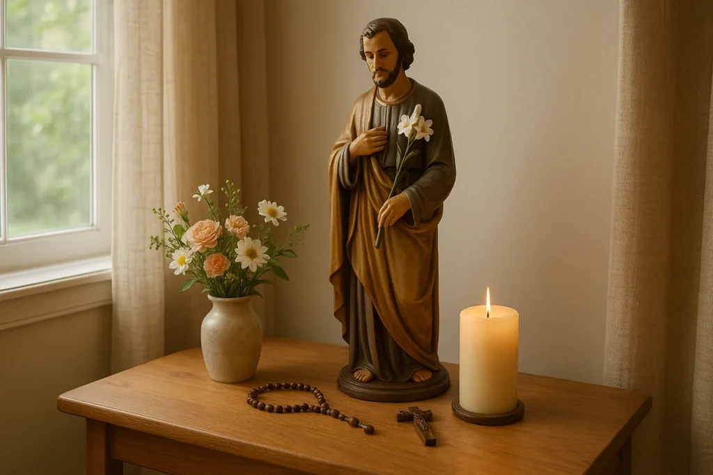 Pequeno altar com imagem de São José, vela acesa, terço e flores, montado em ambiente iluminado para proteção espiritual da casa.