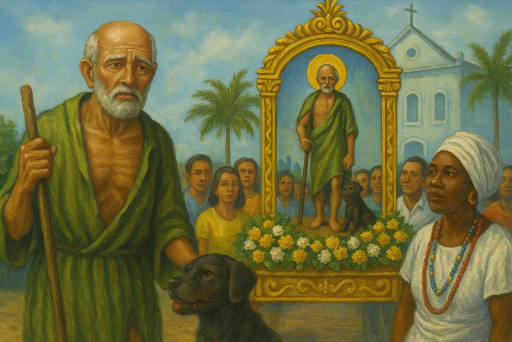 Imagem de uma procissão brasileira com fiéis carregando uma imagem de São Lázaro em moldura dourada, rodeados por flores, palmeiras e uma igreja ao fundo.