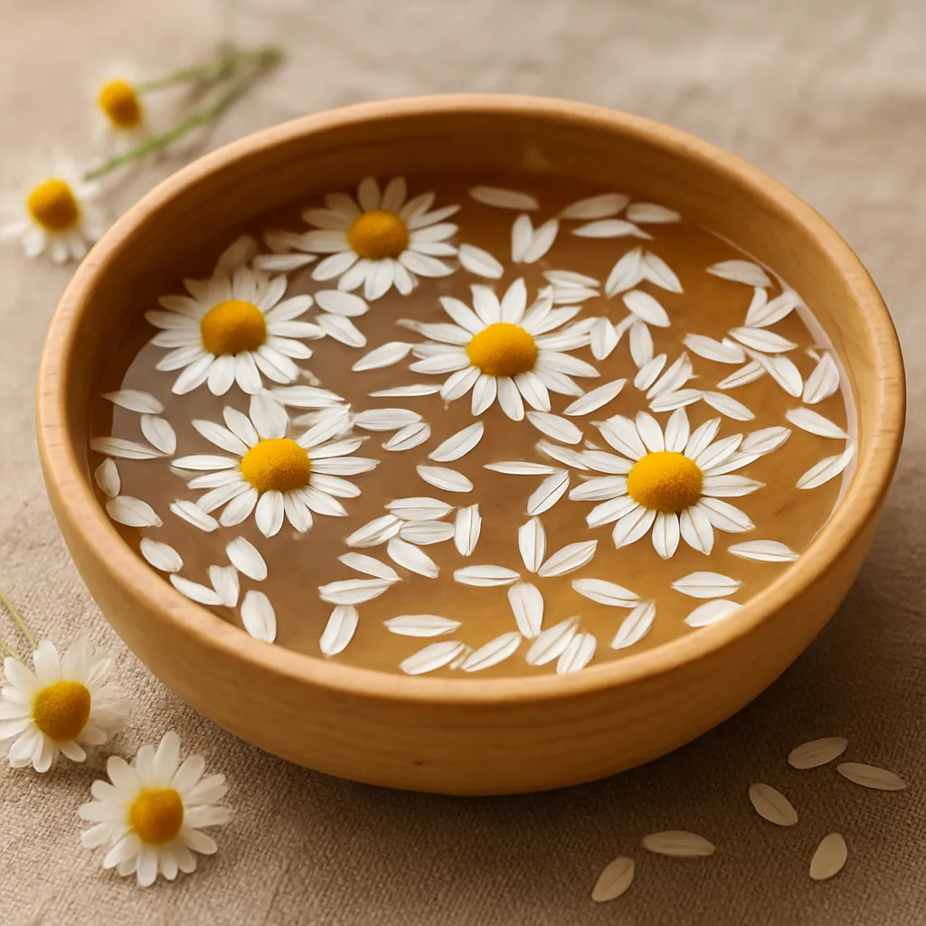 Tigela de madeira com flores de camomila boiando em água morna, criando um clima de serenidade.