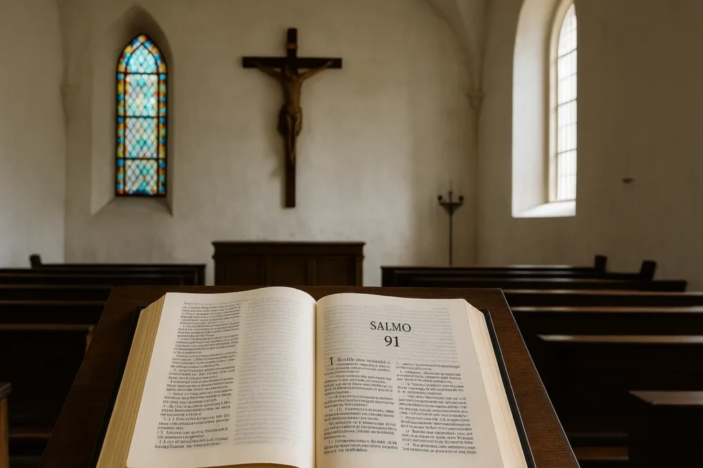 Imagem do interior de uma igreja antiga com uma Bíblia aberta no Salmo 91 sobre o púlpito, ao fundo um crucifixo e vitrais coloridos, representando a tradição cristã e o contexto histórico do salmo.
Imagem do interior de uma igreja antiga com uma Bíblia aberta no Salmo 91 sobre o púlpito, ao fundo um crucifixo e vitrais coloridos, representando a tradição cristã e o contexto histórico do salmo.