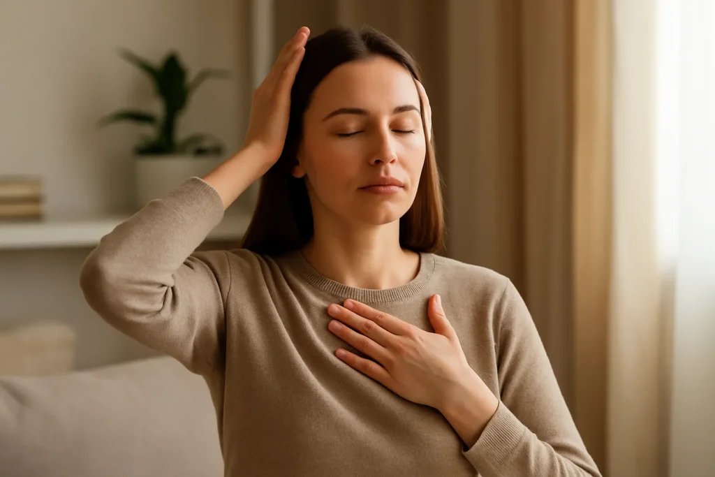 Mulher sentada em um ambiente tranquilo com luz suave, olhos fechados, uma mão no coração e outra na cabeça, expressando leve tensão emocional — simbolizando que a meditação continua mesmo em meio ao desconforto.