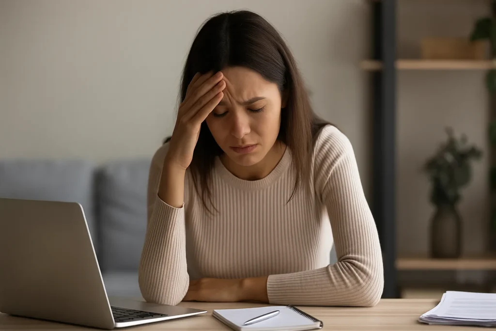 Mulher com expressão de frustração apoiada sobre a mesa ao lado de um notebook fechado, simbolizando bloqueios espirituais, estagnação e falta de fluidez na vida.