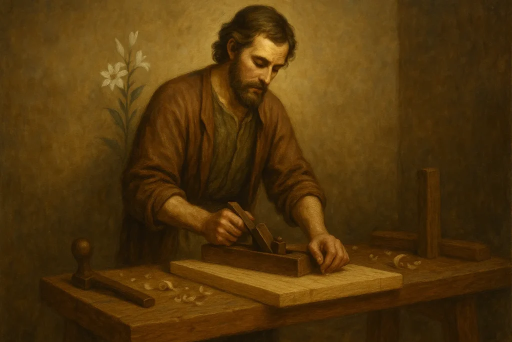 Pintura retratando São José como carpinteiro, em um momento de trabalho dedicado, simbolizando fé e confiança nas oportunidades abertas por Deus.