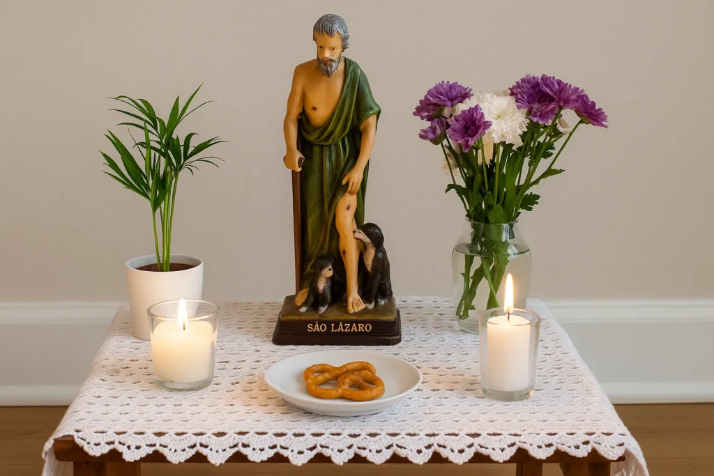 Imagem de um altar caseiro com estátua de São Lázaro entre velas acesas, flores, um prato com oferenda e plantas, sobre toalha branca de crochê.