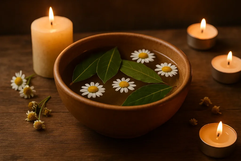 Tigela de cerâmica com água, folhas de louro e flores de camomila sobre mesa rústica, cercada por velas acesas e pétalas, simbolizando ritual de amor e conexão espiritual.