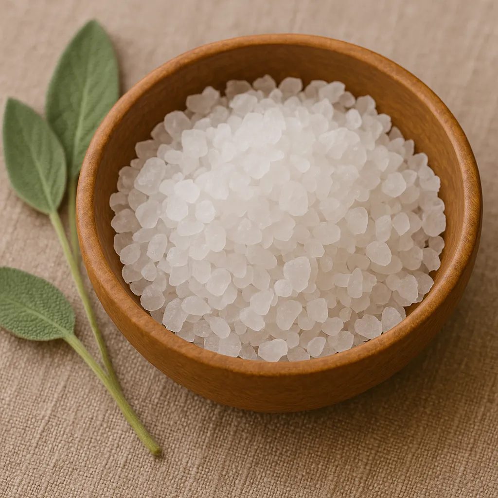 Tigela de madeira cheia de sal grosso branco ao lado de folhas de sálvia, simbolizando limpeza energética.