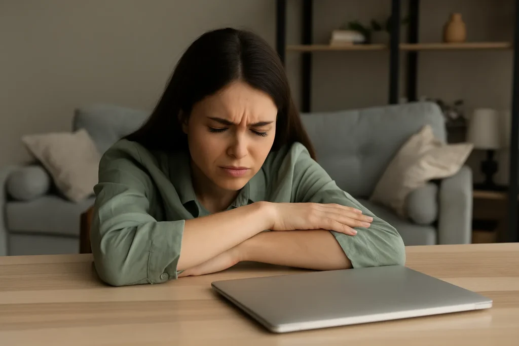 Mulher jovem com expressão introspectiva sentada sozinha em ambiente minimalista, com luz suave, representando bloqueios espirituais e momentos de estagnação emocional.