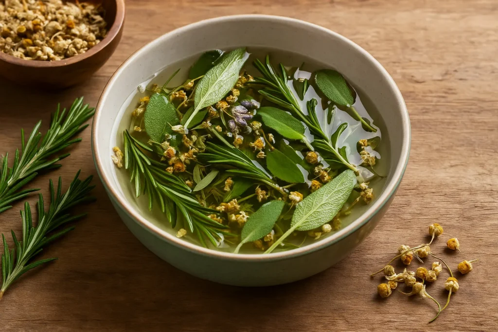Imagem de uma tigela com infusão de ervas frescas como alecrim, lavanda, sálvia e camomila, usada em banho espiritual, sobre mesa rústica de madeira.